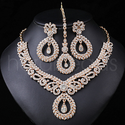 Teardrop Alloy Crystal Rhinestone Pendant Necklace & Stud Dangle Earring & Frontlet Sets FS-WG4C0D5-01-1