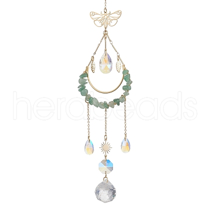 Natural Green Aventurine Chip Wire Wrapped Brass Moon & Butterfly Pendant Decorations HJEW-TA00268-1