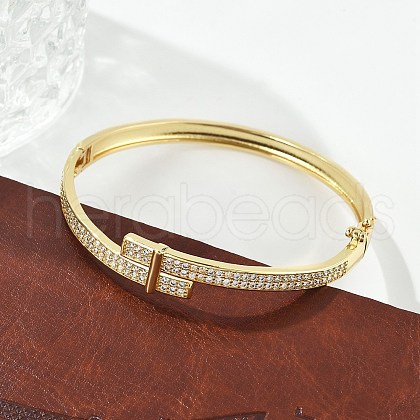 Brass Micro Pave Clear Cubic Zirconia Hinged Bangles for Women BJEW-K274-05G-1