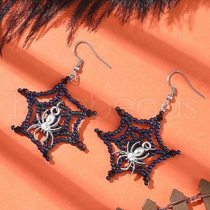 Halloween Theme Spider Web with Spider Handmade Glass Seed Beaded Dangle Earrings EJEW-MZ00481-02-1