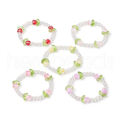 Lampwork Tulip & Acrylic Beaded Stretch Bracelet for Women BJEW-JB09306-1