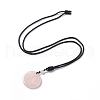 Natural Rose Quartz Flat Round with Flower of Life Pendant Necklace with Nylon Cord for Women NJEW-P274-02-06-2