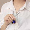 Flat Round with Twelve Constellations Blue Glass & Wood Pendant Waxed Leather Cord Necklace for Women Men WG486C3-08-3
