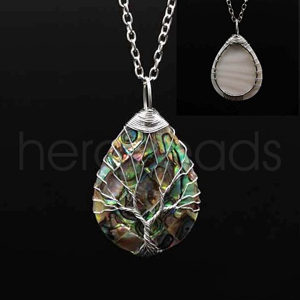 Natural Paua Shell Copper Wire Wrapped Tree of Life Teardrop Pendant Necklaces FS-WG9357B-04-1