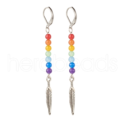 Natural Malaysia Jade with Alloy Feather Long Dangle Leverback Earrings EJEW-JE04909-01-1
