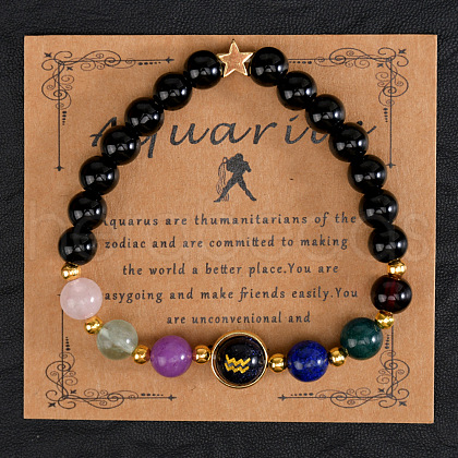 12 Zodiac Sign Natural Black Obsidian Round Beads Stretch Bracelets for Men Women WG228FC-12-1