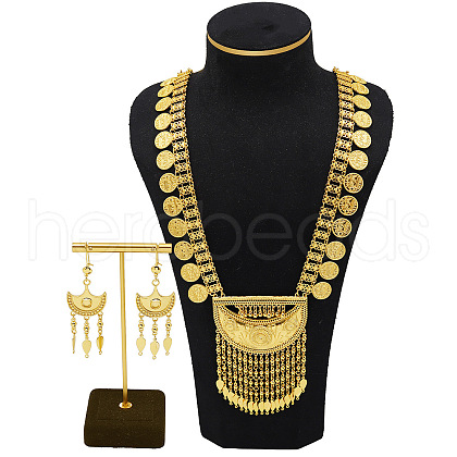 Moon & Flat Round Brass Tassel Pendant Necklaces & Dangle Earrings Sets FS-WG7FC34-01-1