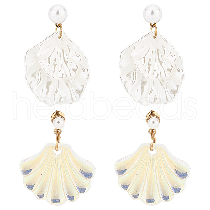 ANATTASOUL 2 Pairs 2 Color Resin Shell Shape Dangle Stud Earrings with Imitation Pearl Beaded EJEW-AN0002-62-1