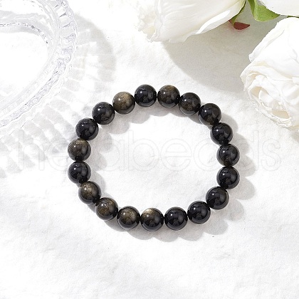 Natural Golden Sheen Obsidian Round Beaded Stretch Bracelets for Men Women BJEW-JB11783-02-1