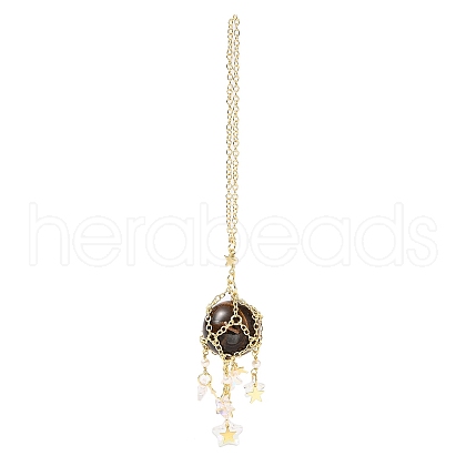 Natural Tiger Eye with Rack Plating Brass Pendants Decorations AJEW-B023-01G-02-1