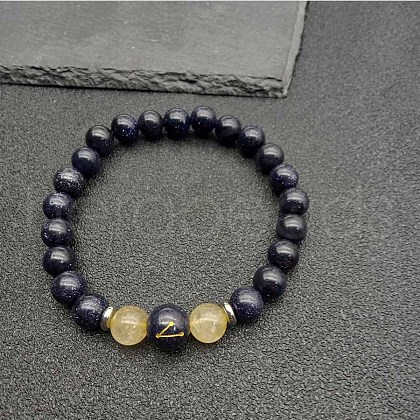 Taurus Round Synthetic Blue Goldstone & Natural Rutilated Quartz Stretch Bracelets for Women Men EA3132-12-1