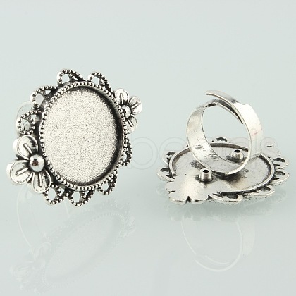 Vintage Adjustable Iron Finger Ring Components Alloy Flower Cabochon Bezel Settings X-PALLOY-O039-10AS-1