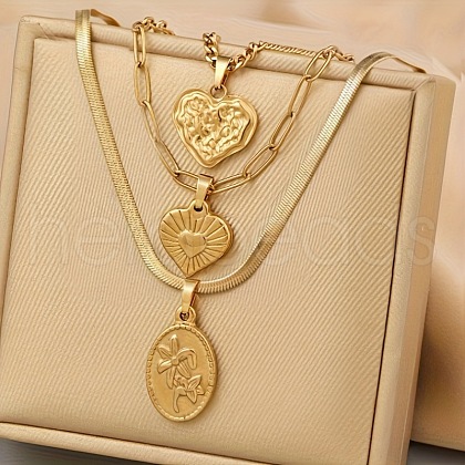 304 Stainless Steel Pendant 3 Layer Necklaces for Women FS-WG3B4D3-11-1