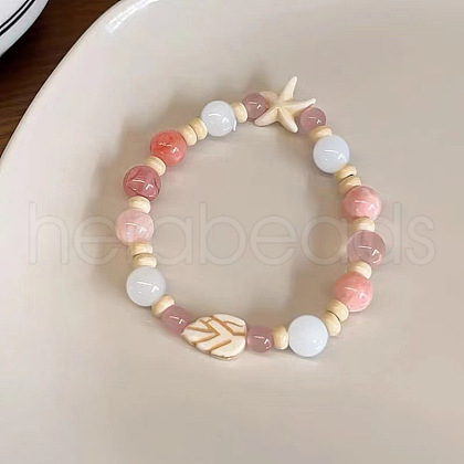 Starfish & Leaf Porcelain Round Beads Stretch Bracelets for Women WG648B1-02-1