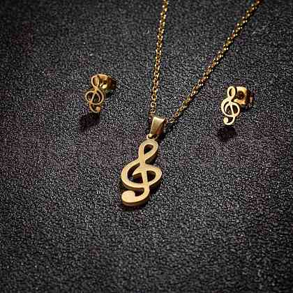 Stainless Steel Musical Note Stud Earrings & Pendant Necklaces Sets for Women PW-WG29B01-01-1