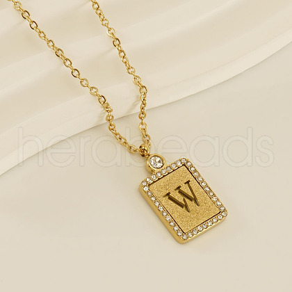 304 Stainless Steel Micro Pave Clear Cubic Zirconia Rectangle with Hollow Letter Pendant Necklaces FS-WGAE794-26-1