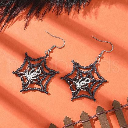 Halloween Theme Spider Web with Spider Handmade Glass Seed Beaded Dangle Earrings EJEW-MZ00481-01-1