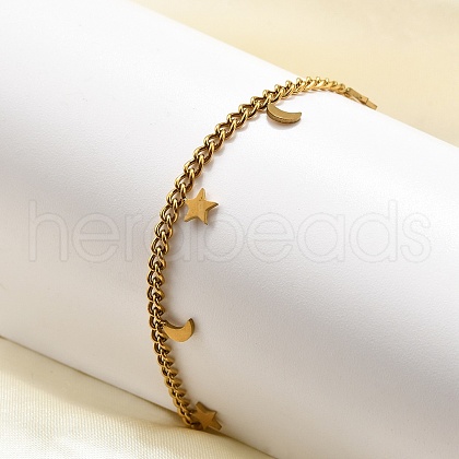 304 Stainless Steel Moon & Star Charm Bracelets BJEW-R021-05G-1