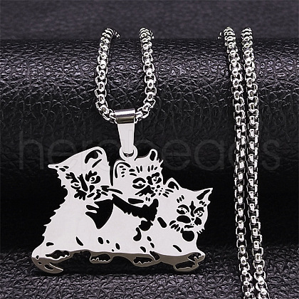 304 Stainless Steel Hollow Cute Cat Pendant Necklaces for Women NJEW-K283-38P-1
