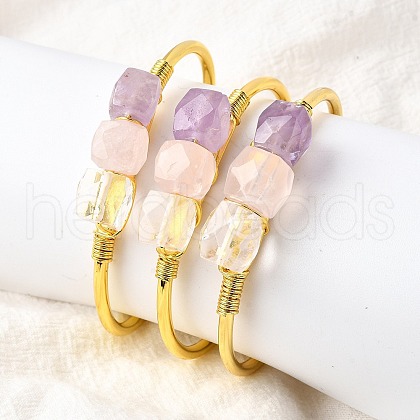 Natural Rose Quartz & Amethyst & Crystal Quartz Beads Cuff Bangles for Women BJEW-Q035-01G-03-1