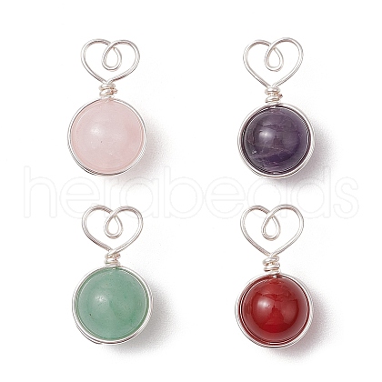 4Pcs 4 Styles Natural Rose Quartz & Green Aventurine & Amethyst & Carnelian Copper Wire Wrapped Heart Ball Pendants PALLOY-TA00215-02-1