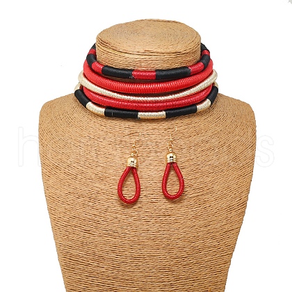 Alloy with Polyester Cord Multilayer Necklaces & Teardrop Dangle Earrings Sets FS-WGF58CA-03-1