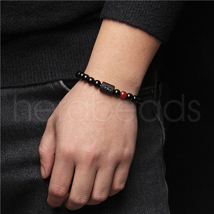 12 Constellations Protetion Natural Carnelian & Black Obsidian  Round Beads Stretch Bracelets for Men Women WG083ED-09-1