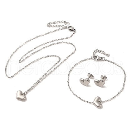 304 Stainless Steel Heart Pendant Necklaces & Bracelets & Stud Earrings Sets for Women SJEW-C004-11P-1