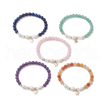6mm Round Gemstone & Pearl Beaded Stretch Bracelets BJEW-JB10618-1