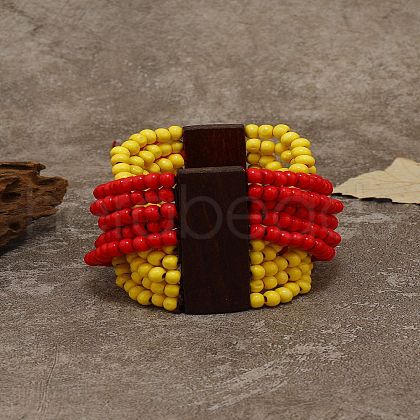 Ethnic Style Cross Wood Round Beaded Stretch Bracelets for Men Women FS-WG3B194-04-1