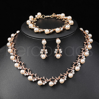 Alloy Rhinestone & Plastic Imitation Pearl Leaf Link Chain Necklaces & Stud Dangle Earrings & Link Bracelets Sets WG65A67-04-1