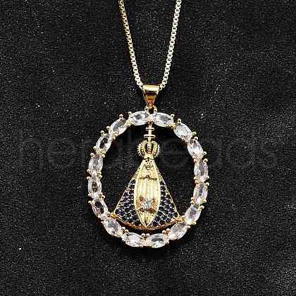 Brass Clear & Blue Cubic Zirconia Nossa Senhora Aparecida Virgin Pendant Necklaces for Women NJEW-U039-01A-G-1