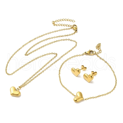 Ion Plating(IP) 304 Stainless Steel Heart Pendant Necklaces & Bracelets & Stud Earrings Sets for Women SJEW-C004-11G-1