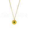 Vintage Stainless Steel Pave Natural Green Onyx Agate(Dyed & Heated) Flat Round Pendant Necklaces for Women QF4931-2-2
