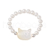 Cat Shaped Natural White Shell Beaded Stretch Finger Rings RJEW-TA00175-2