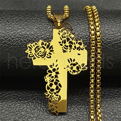 304 Stainless Steel Hollow Rose Cross Pendant Necklaces NJEW-H065-31G-1
