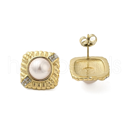 304 Stainless Steel Shell Pearl Square Stud Earrings for Women EJEW-U020-26G-1