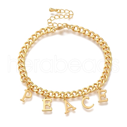 Letter PEACE Brass Charm Bracelets for Women BJEW-L696-107G-1