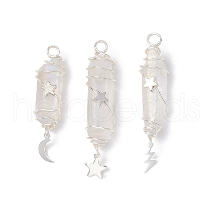3Pcs 3 Styles Electroplated Natural Quartz Crystal Pointed Copper Wire Wrapped Pendants PALLOY-JF03767-06-1