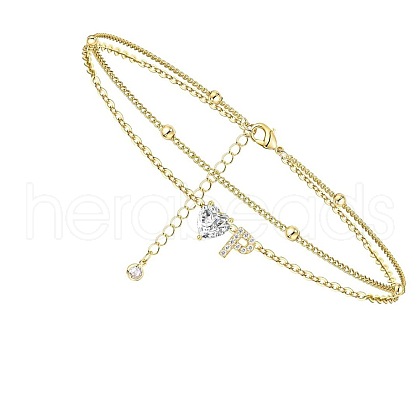 Heart & Letter Brass Crystal Rhinestone Charm Double Layer Anklets FS-WG6749C-16-1