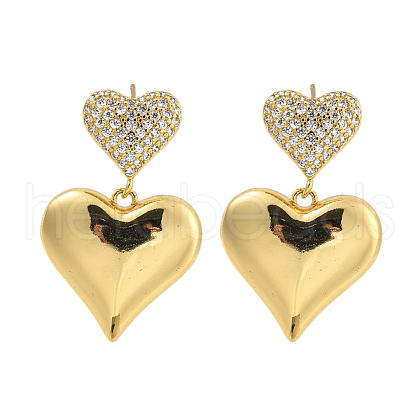 Rack Plating Heart Brass Micro Pave Clear Cubic Zirconia Stud Earrings EJEW-C116-02G-1