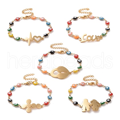 PVD Vacuum Plating 304 Stainless Steel Link Bracelet with Colorful Enamel Evil Eye Chains for Women BJEW-B062-07G-1