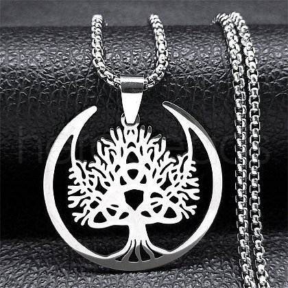 Tree of Life 304 Stainless Steel Crescent Moon Tree of Life Pendant Necklaces for Women NJEW-M105-06P-1
