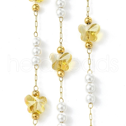 10M Ion Plating(IP) 304 Stainless Steel & ABS Plastic Pearl Bead & Butterfly Glass Link Chains CHS-G035-04G-09-1