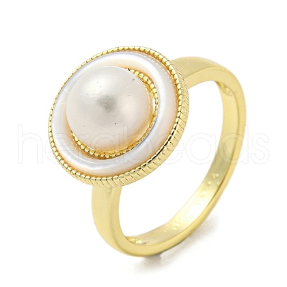 Natural Pear & Shell Flat Round Open Cuff Ring RJEW-H220-23G-1