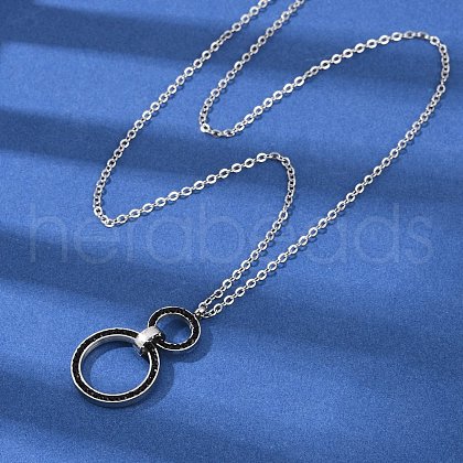 304 Stainless Steel Jet Rhinestone Double Rings Pendant Necklaces NJEW-V001-04P-1