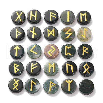Brass Elder Futhark Alphabet Engraved Symbol Flat Round Natural Indian Agate Rune Stones G-I373-01A-1
