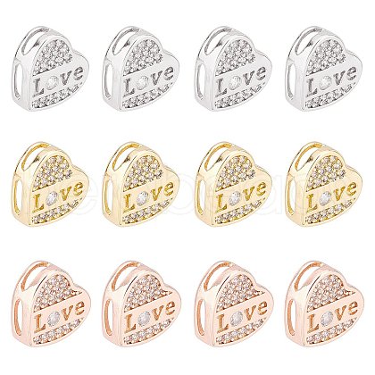 SUPERFINDINGS 12Pcs 3 Colors Brass Micro Pave Clear Cubic Zirconia Slide Charms KK-FH0002-83-1