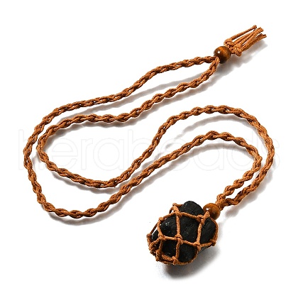 Natural Black Tourmaline Macrame Pouch Adjustable Slider Necklaces NJEW-M090-01-1
