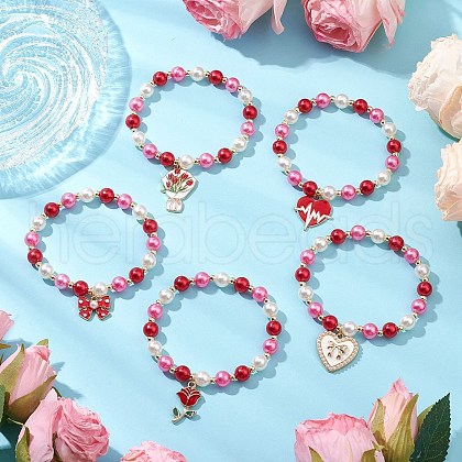 5Pcs Valentine's Day Theme Acrylic Pearl Round Beaded Stretch Bracelets BJEW-JB11423-1
